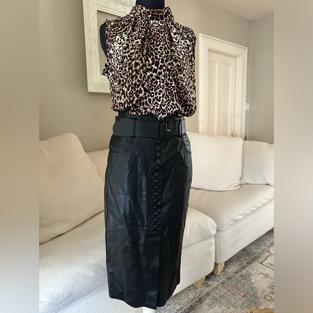 MAY BY SHINING STAR Chic Edgy Black Faux Leather Button Midi Pencil Skirt Size L